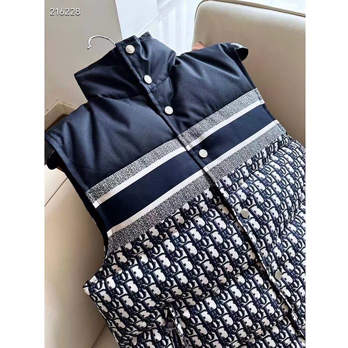 Dior Women CD Reversible Puffer Vest Blue Ecru Dior Oblique Quilted Technical Taffeta