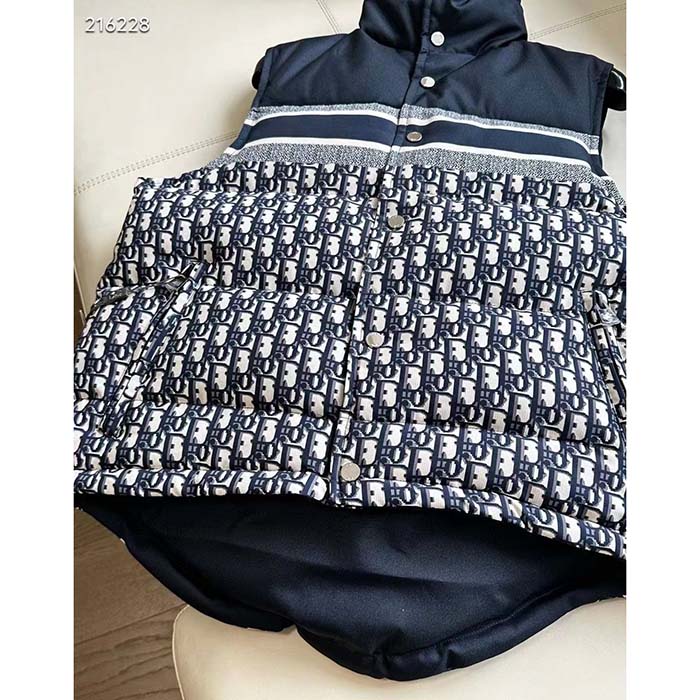 Dior Women CD Reversible Puffer Vest Blue Ecru Dior Oblique Quilted Technical Taffeta