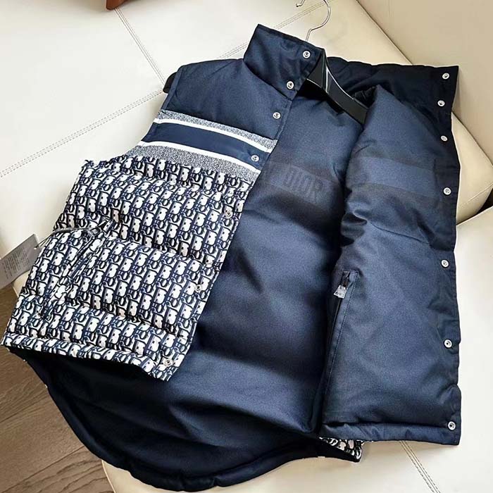 Dior Women CD Reversible Puffer Vest Blue Ecru Dior Oblique Quilted Technical Taffeta