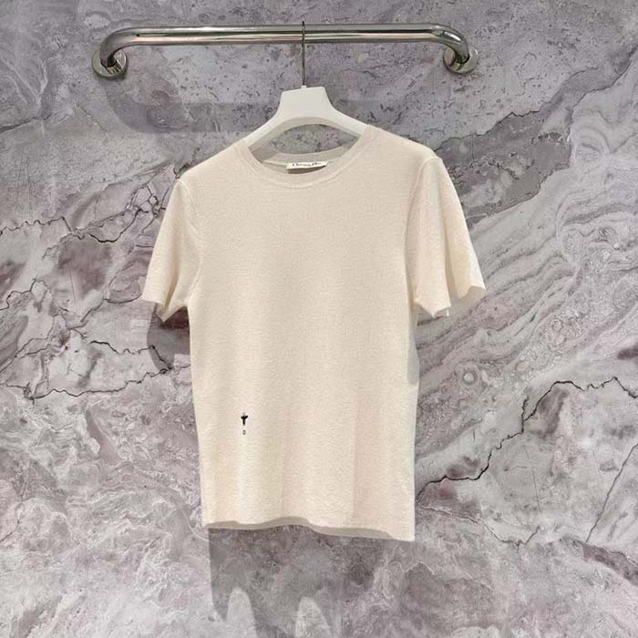 Dior Women CD Short-Sleeved Sweater Ecru Cashmere Silk Knit