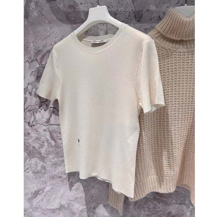 Dior Women CD Short-Sleeved Sweater Ecru Cashmere Silk Knit