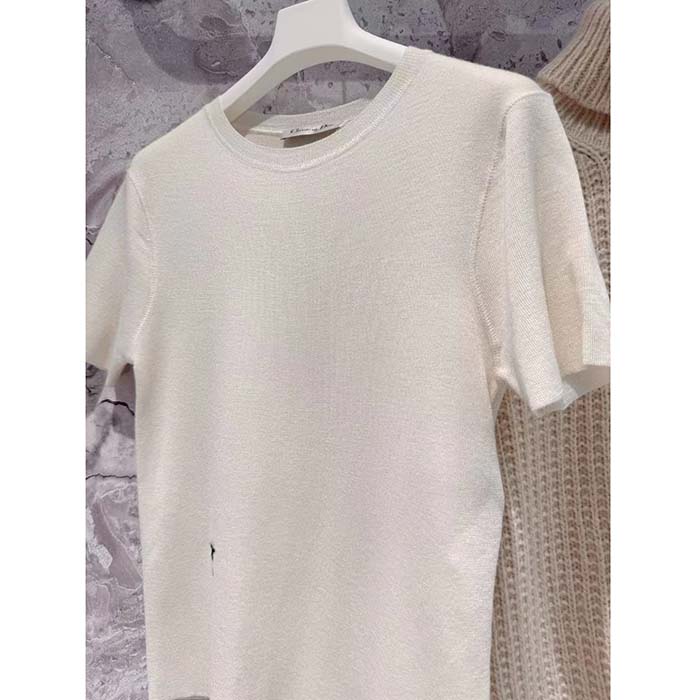 Dior Women CD Short-Sleeved Sweater Ecru Cashmere Silk Knit