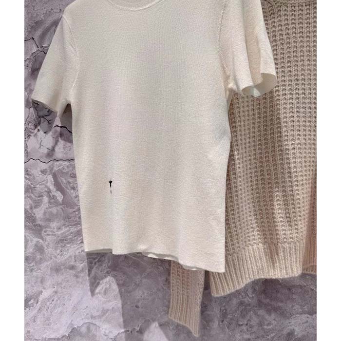 Dior Women CD Short-Sleeved Sweater Ecru Cashmere Silk Knit