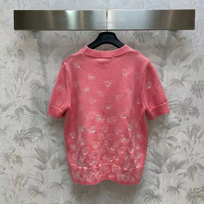 Dior Women CD Short-Sleeved Sweater Pink Wool Cashmere Knit Gradient Butterflies Motif