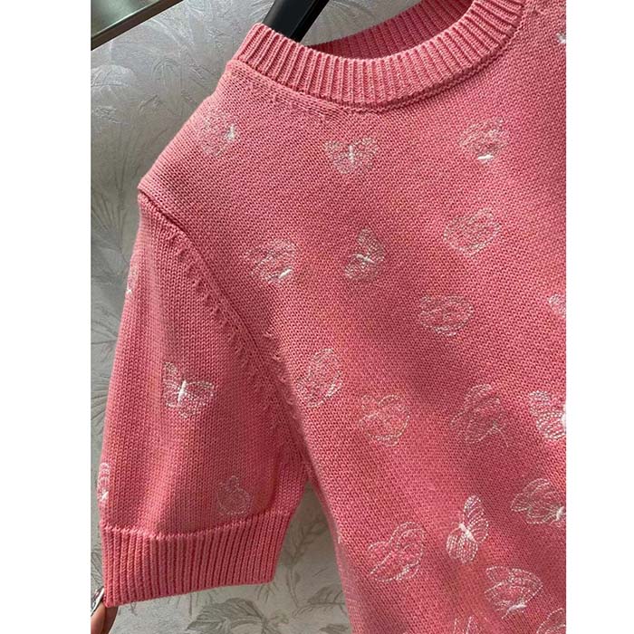 Dior Women CD Short-Sleeved Sweater Pink Wool Cashmere Knit Gradient Butterflies Motif