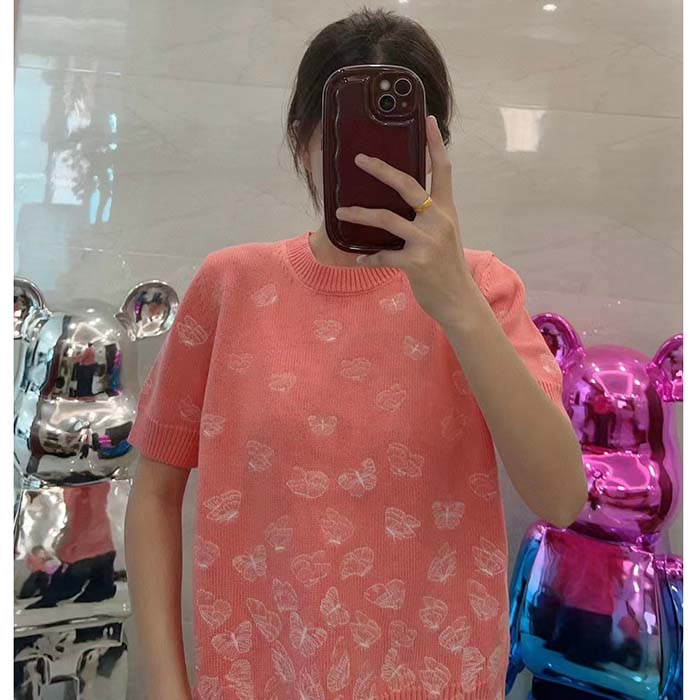 Dior Women CD Short-Sleeved Sweater Pink Wool Cashmere Knit Gradient Butterflies Motif