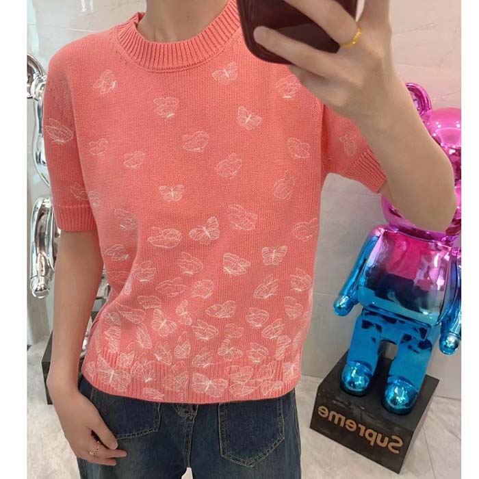 Dior Women CD Short-Sleeved Sweater Pink Wool Cashmere Knit Gradient Butterflies Motif