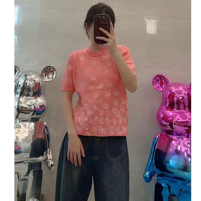 Dior Women CD Short-Sleeved Sweater Pink Wool Cashmere Knit Gradient Butterflies Motif