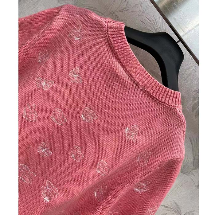 Dior Women CD Short-Sleeved Sweater Pink Wool Cashmere Knit Gradient Butterflies Motif