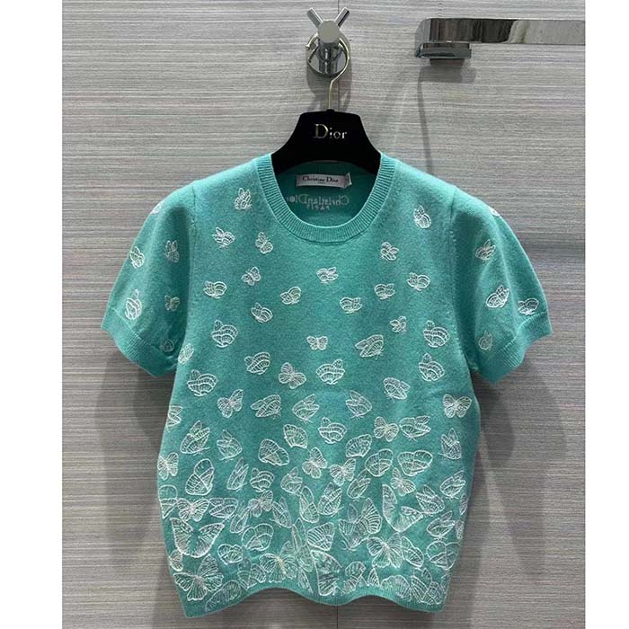 Dior Women CD Short-Sleeved Sweater Sea Green Wool Cashmere Knit Gradient Butterflies