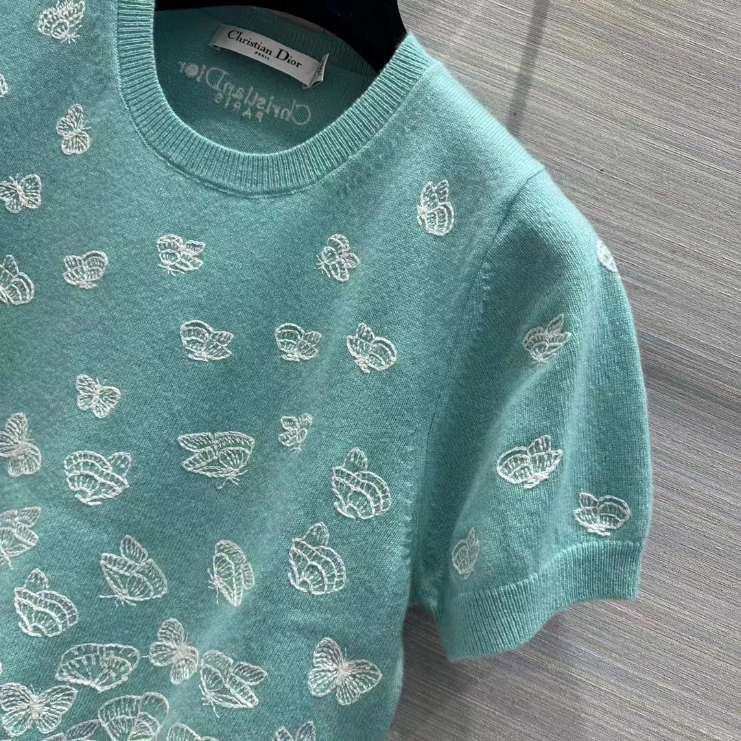 Dior Women CD Short-Sleeved Sweater Sea Green Wool Cashmere Knit Gradient Butterflies