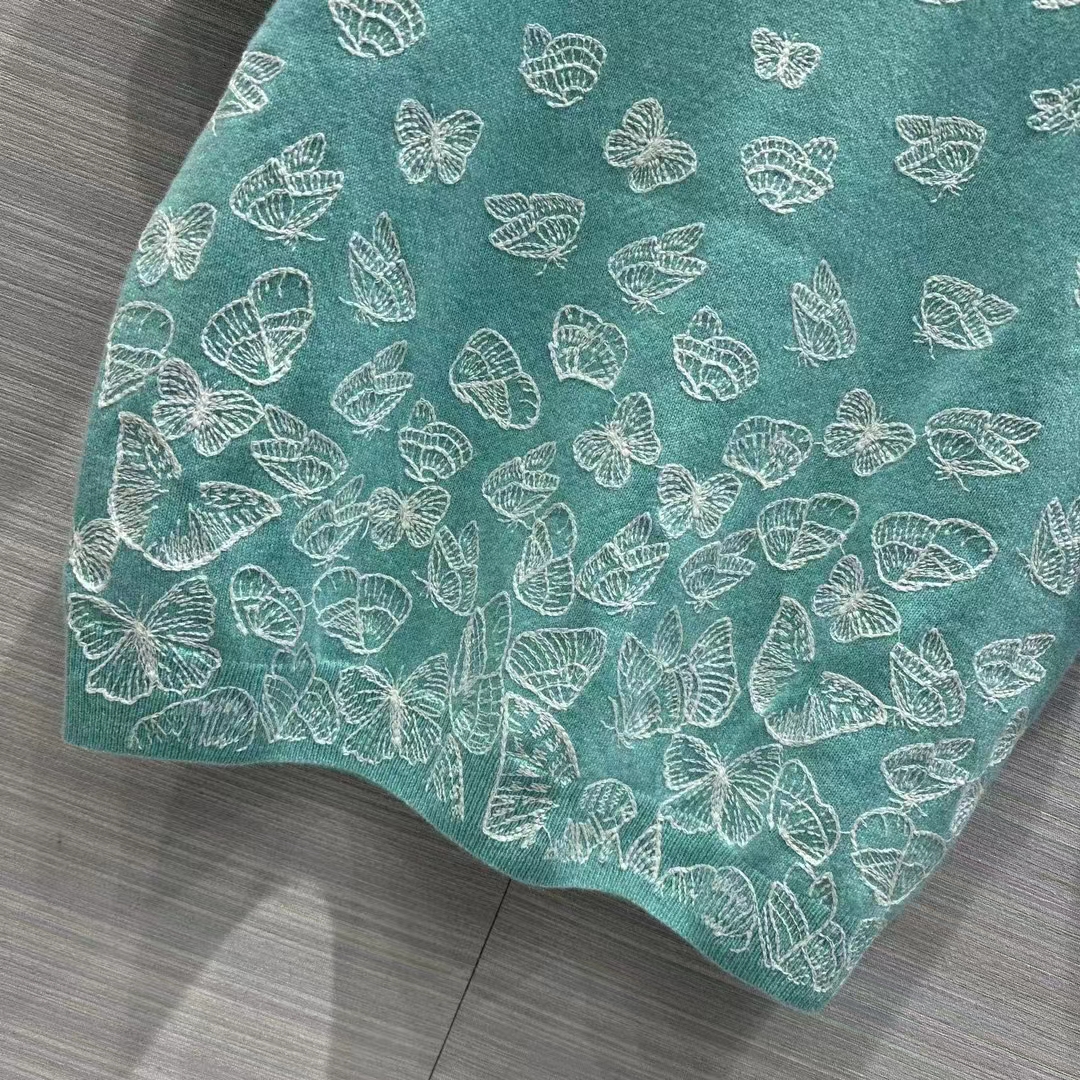 Dior Women CD Short-Sleeved Sweater Sea Green Wool Cashmere Knit Gradient Butterflies
