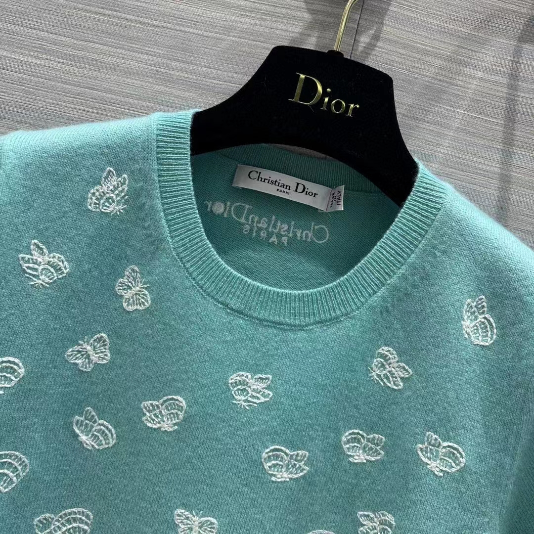 Dior Women CD Short-Sleeved Sweater Sea Green Wool Cashmere Knit Gradient Butterflies