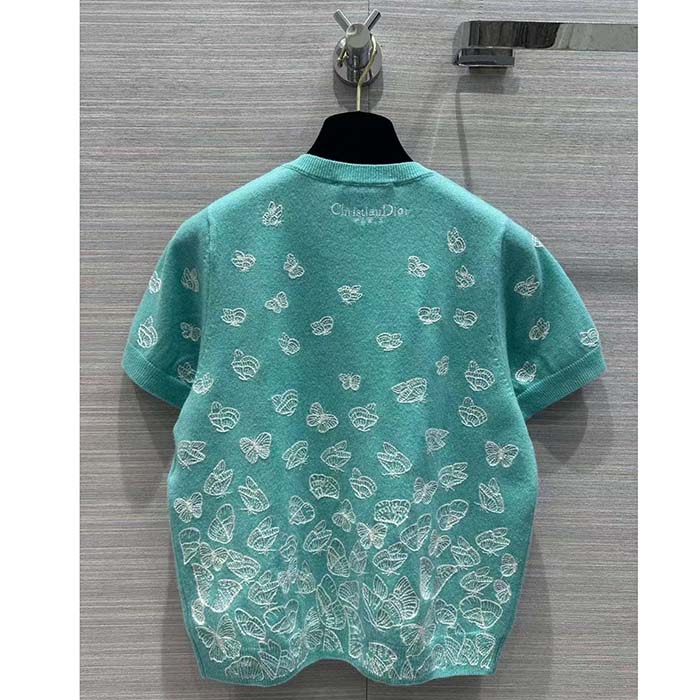 Dior Women CD Short-Sleeved Sweater Sea Green Wool Cashmere Knit Gradient Butterflies