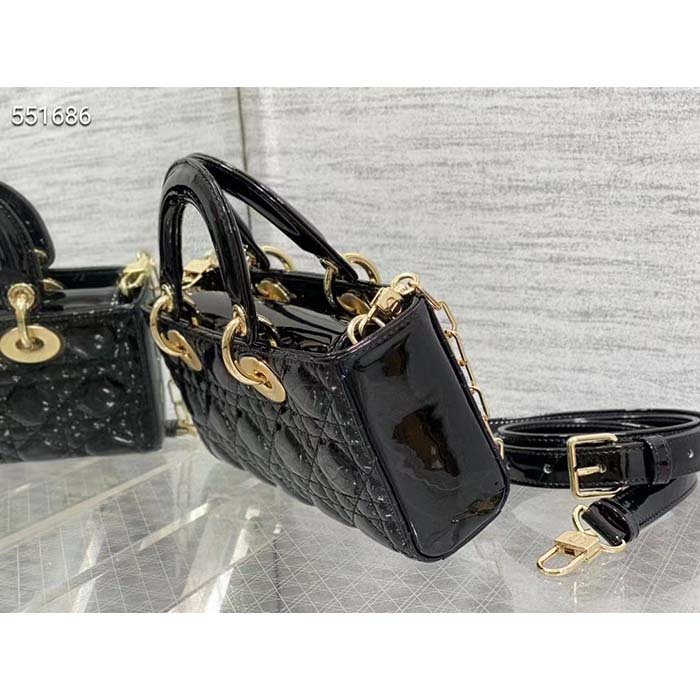 Dior Women CD Small Lady D-Joy Bag Black Patent Cannage Calfskin