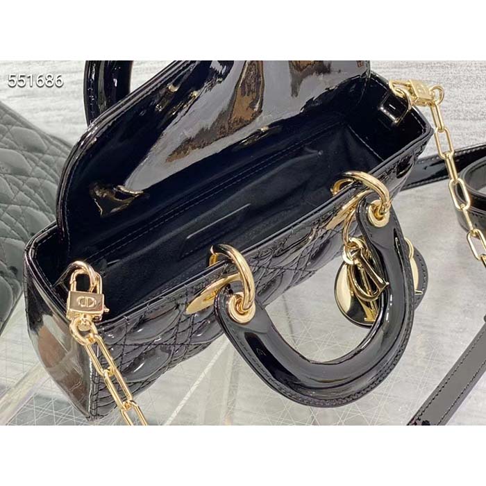 Dior Women CD Small Lady D-Joy Bag Black Patent Cannage Calfskin