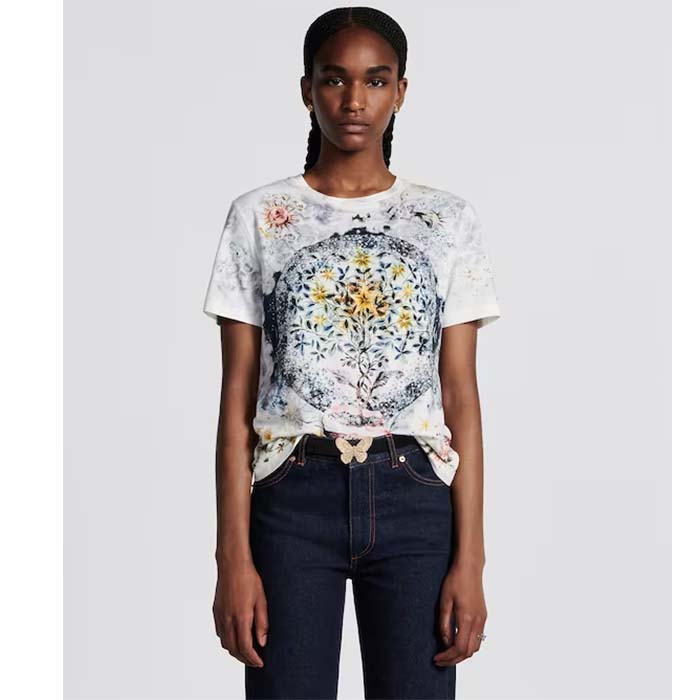 Dior Women CD T-Shirt White Cotton Jersey Multicolor Tarot L’Étoile Motif