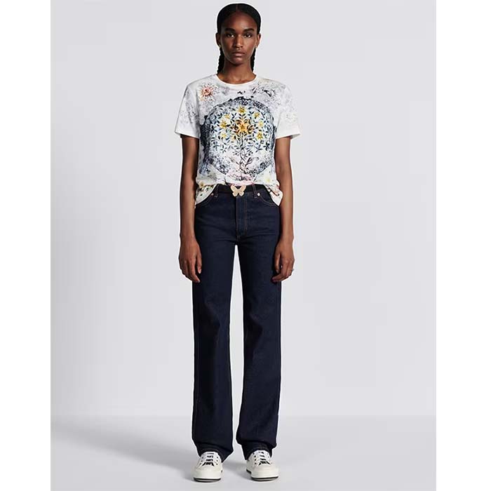 Dior Women CD T-Shirt White Cotton Jersey Multicolor Tarot L’Étoile Motif