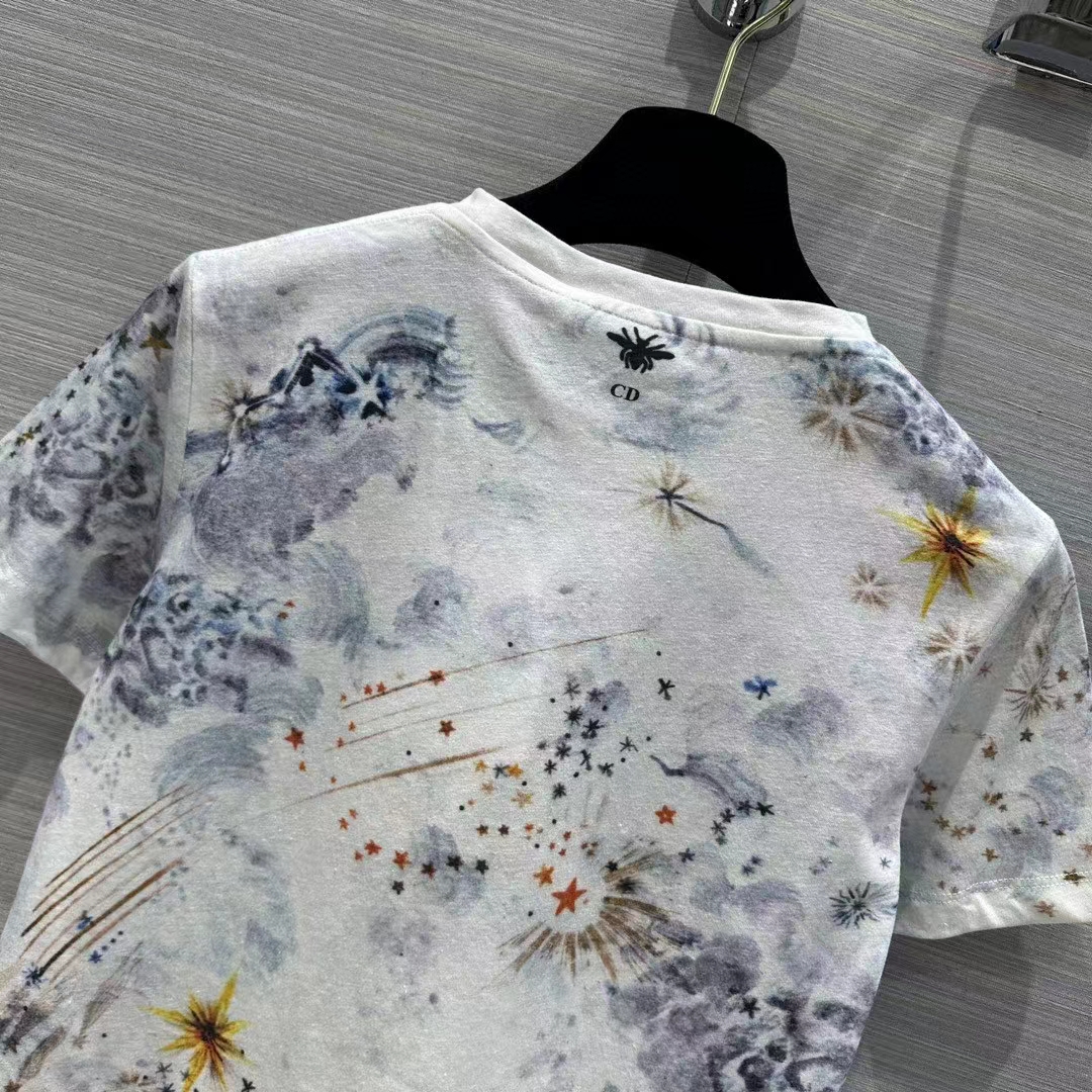 Dior Men CD T-Shirt White Cotton Jersey Multicolor Tarot L’Étoile Motif