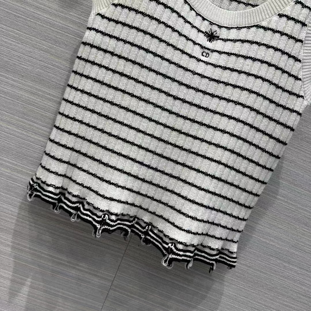Dior Women CD Twin Set Knitwear Sweater Vest White Black Linen Cashmere Silk Ribbed Knit