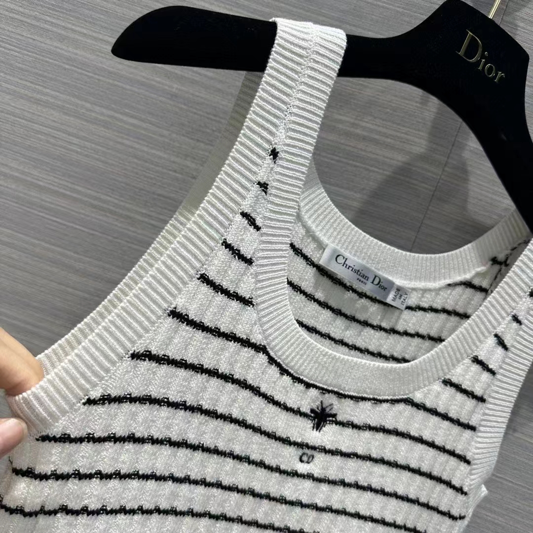 Dior Women CD Twin Set Knitwear Sweater Vest White Black Linen Cashmere Silk Ribbed Knit
