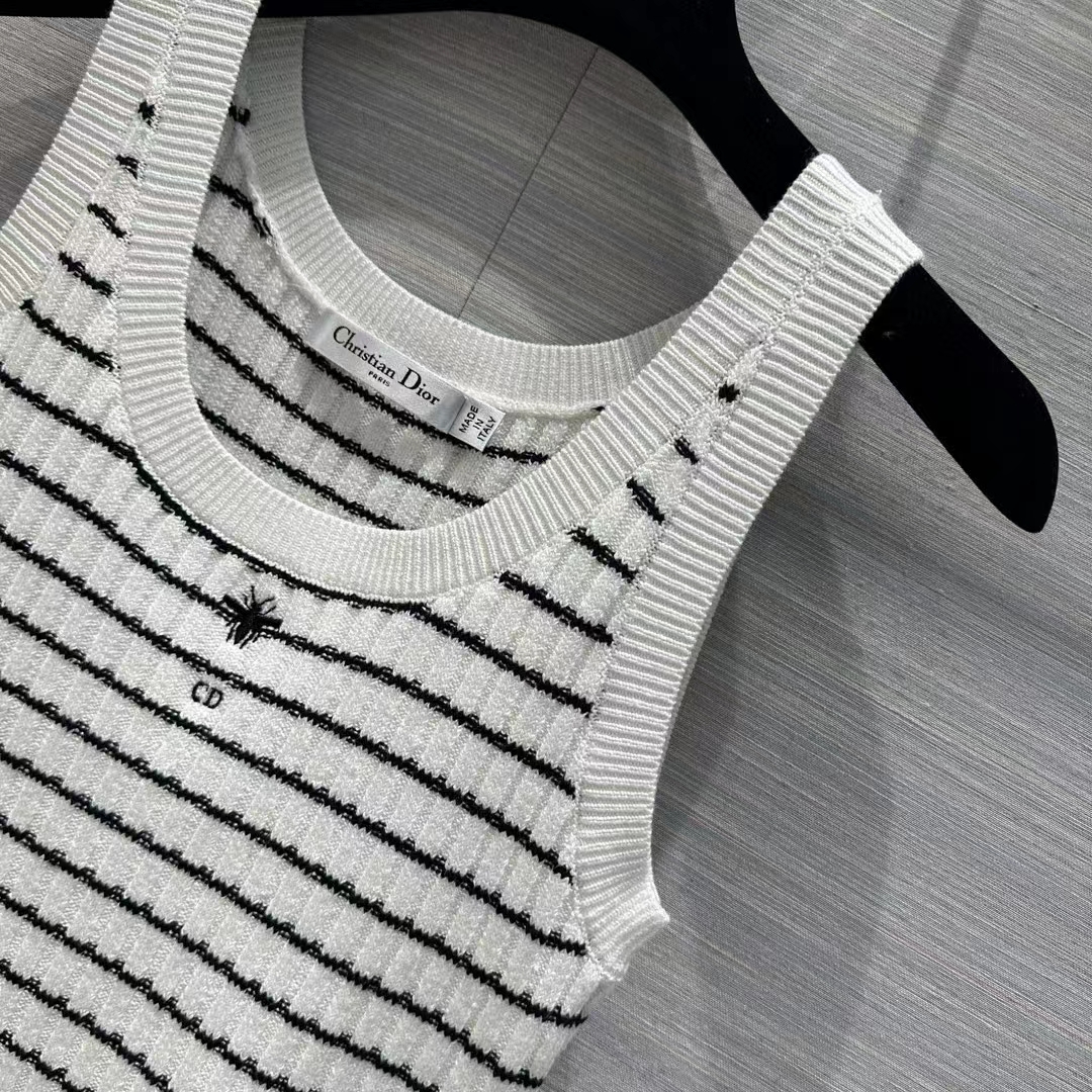 Dior Women CD Twin Set Knitwear Sweater Vest White Black Linen Cashmere Silk Ribbed Knit