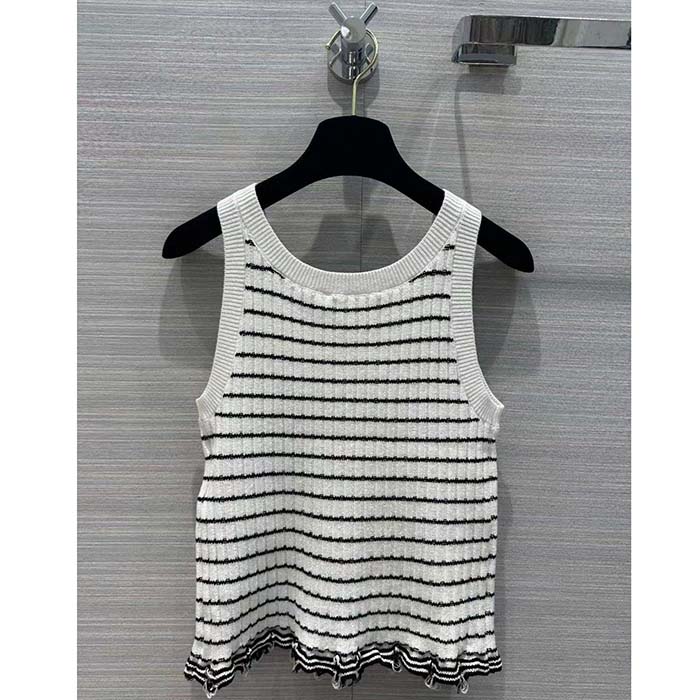 Dior Women CD Twin Set Knitwear Sweater Vest White Black Linen Cashmere Silk Ribbed Knit