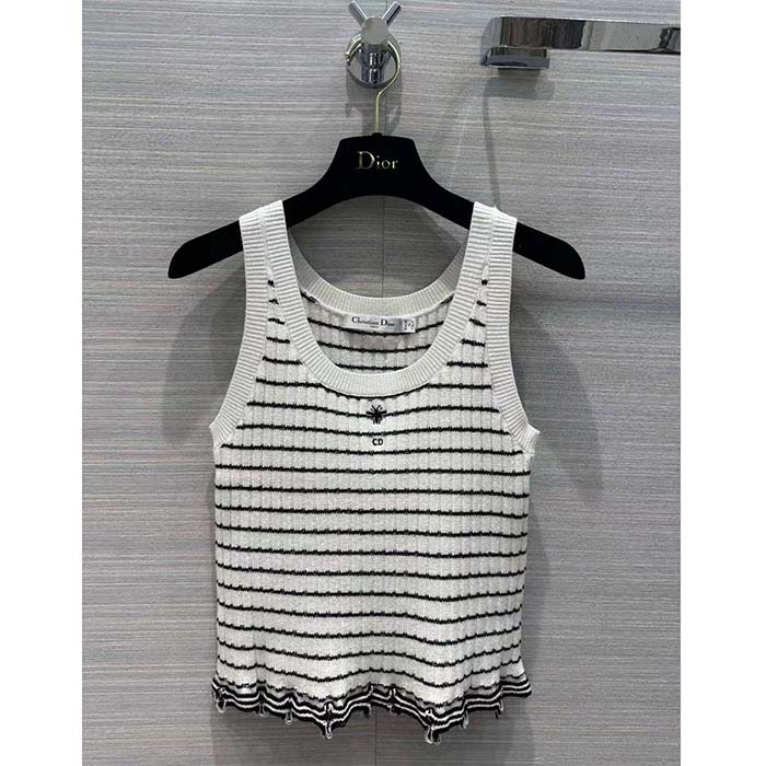 Dior Women CD Twin Set Knitwear Sweater Vest White Black Linen Cashmere Silk Ribbed Knit