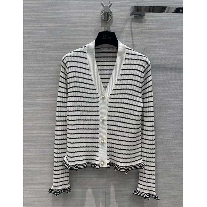 Dior Women CD Twin Set Knitwear Sweater White Black Linen Cashmere Silk Ribbed Knit