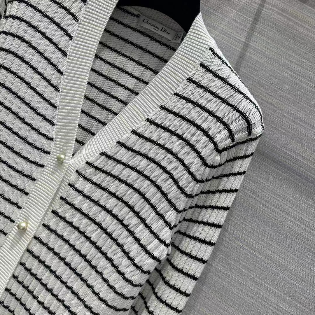 Dior Women CD Twin Set Knitwear Sweater White Black Linen Cashmere Silk Ribbed Knit
