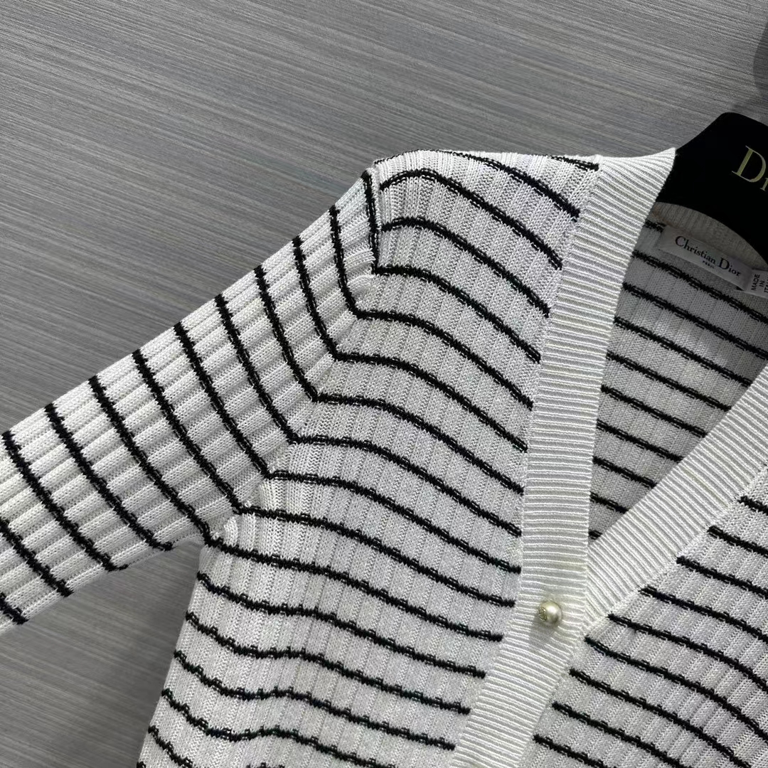Dior Women CD Twin Set Knitwear Sweater White Black Linen Cashmere Silk Ribbed Knit