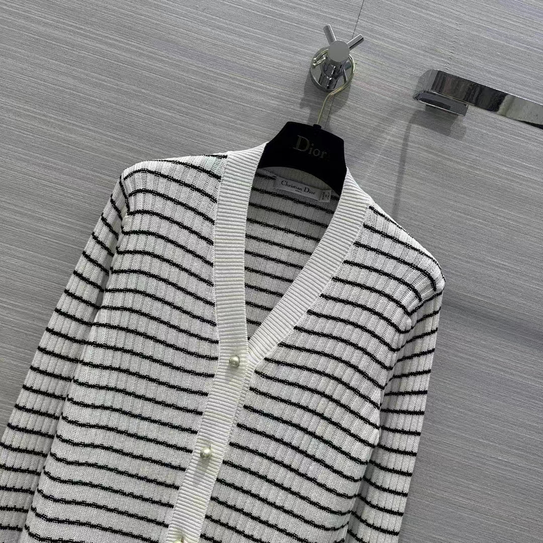 Dior Women CD Twin Set Knitwear Sweater White Black Linen Cashmere Silk Ribbed Knit