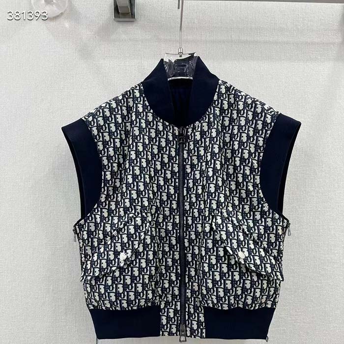 Dior Men CD Vest Blue Dior Oblique Technical Taffeta Embroidered Bee Emblem