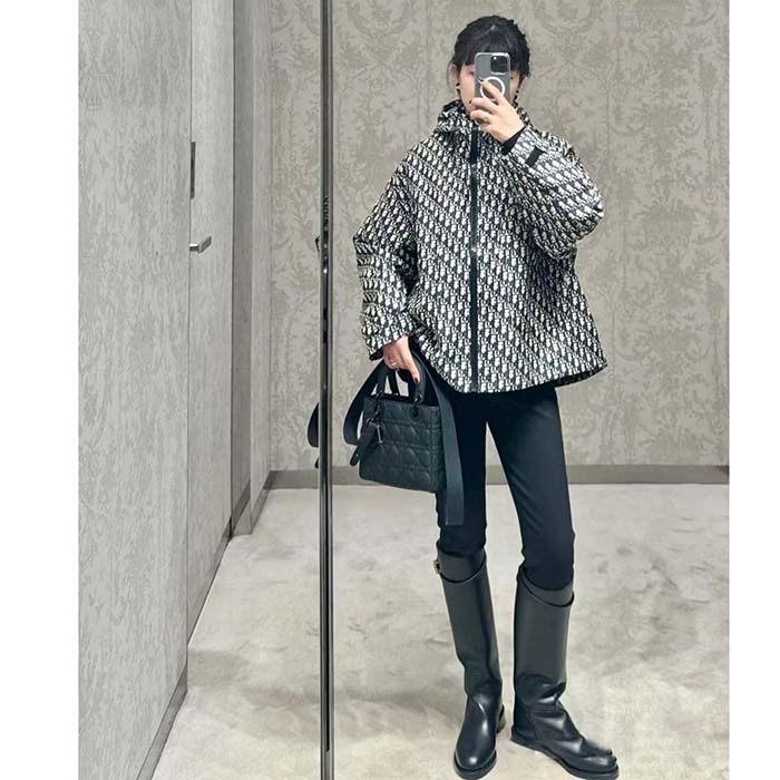 Dior Women CD Waterproof Hooded Jacket Blue Technical Taffeta Jacquard Dior Oblique Motif