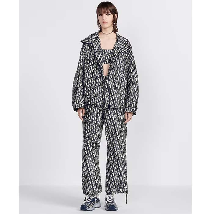Dior Women CD Waterproof Hooded Jacket Blue Technical Taffeta Jacquard Dior Oblique Motif