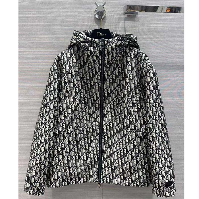 Dior Men CD Waterproof Hooded Jacket Blue Technical Taffeta Jacquard Dior Oblique Motif