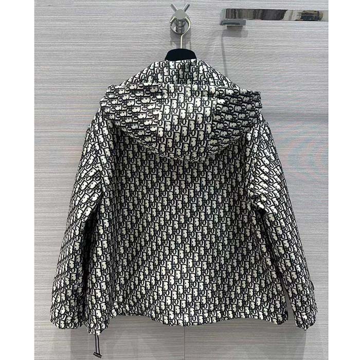 Dior Men CD Waterproof Hooded Jacket Blue Technical Taffeta Jacquard Dior Oblique Motif