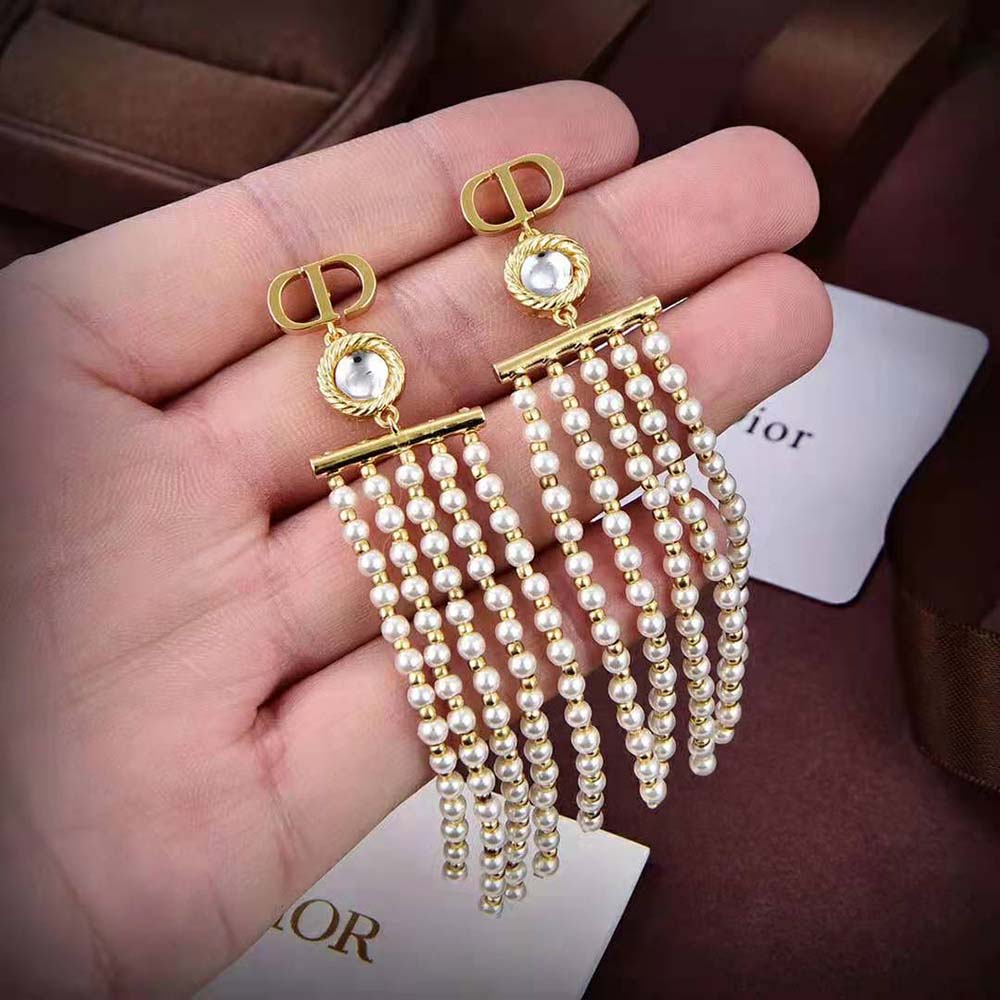 Dior Women La Parisienne Earrings Gold-Finish Metal with White Resin Pearls and Mirrors