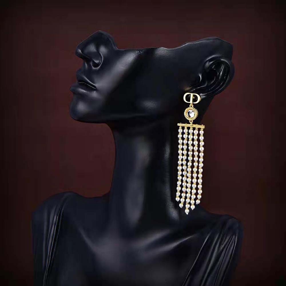 Dior Women La Parisienne Earrings Gold-Finish Metal with White Resin Pearls and Mirrors