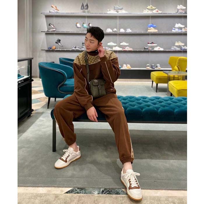 Gucci GG Men Cotton Jersey Sweatshirt GG Canvas Yoke Crewneck Dropped Shoulder Batwing Sleeves