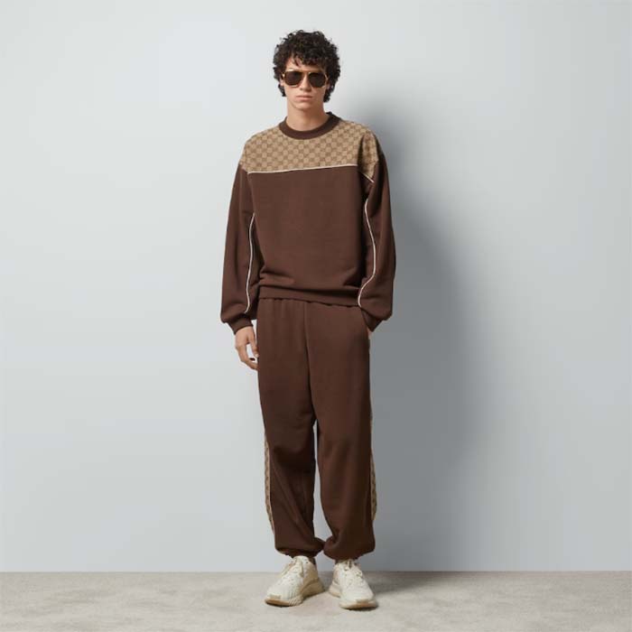 Gucci GG Men Cotton Jersey Sweatshirt GG Canvas Yoke Crewneck Dropped Shoulder Batwing Sleeves