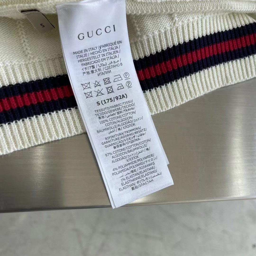 Gucci GG Women Cotton Knit V-Neck Sweater Web Ivory Interlocking G Patch Long Sleeves