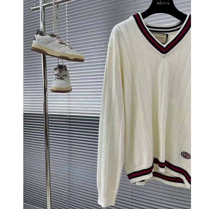 Gucci GG Women Cotton Knit V-Neck Sweater Web Ivory Interlocking G Patch Long Sleeves