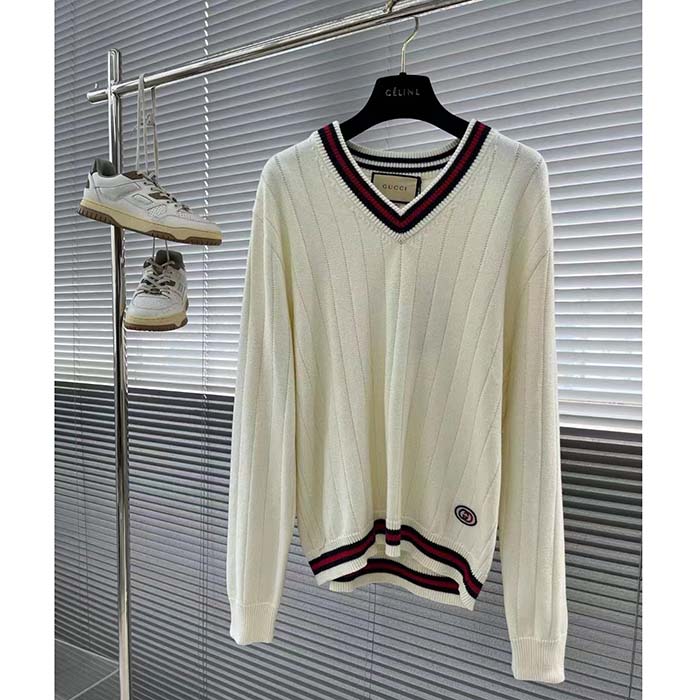 Gucci GG Women Cotton Knit V-Neck Sweater Web Ivory Interlocking G Patch Long Sleeves