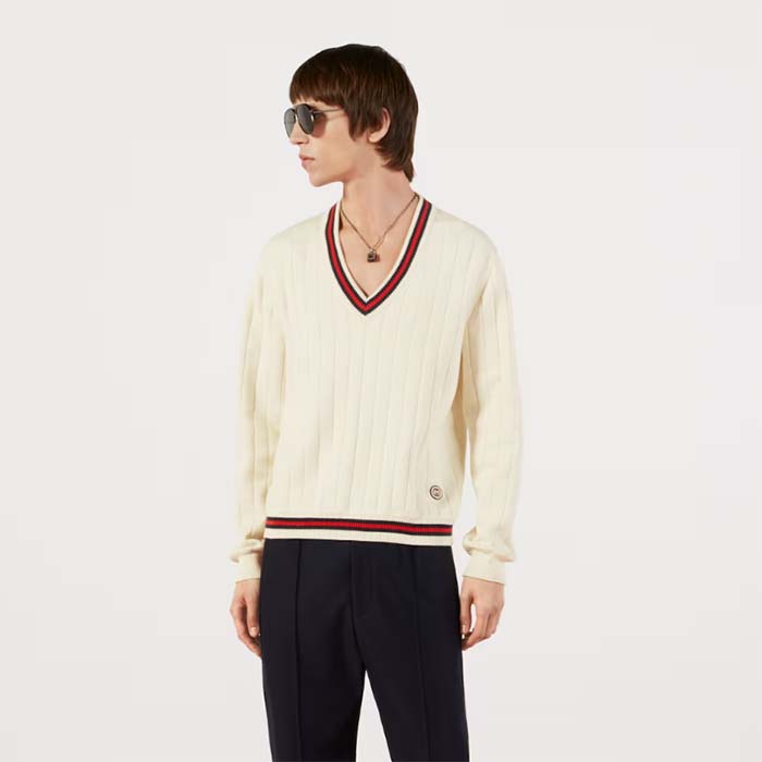Gucci GG Men Cotton Knit V-Neck Sweater Web Ivory Interlocking G Patch Long Sleeves