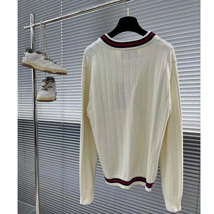 Gucci GG Women Cotton Knit V-Neck Sweater Web Ivory Interlocking G Patch Long Sleeves