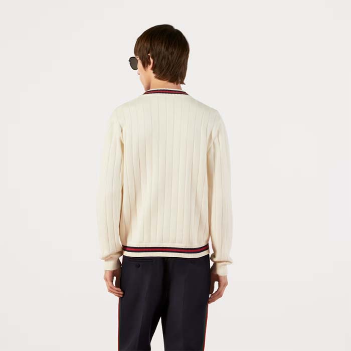 Gucci GG Men Cotton Knit V-Neck Sweater Web Ivory Interlocking G Patch Long Sleeves