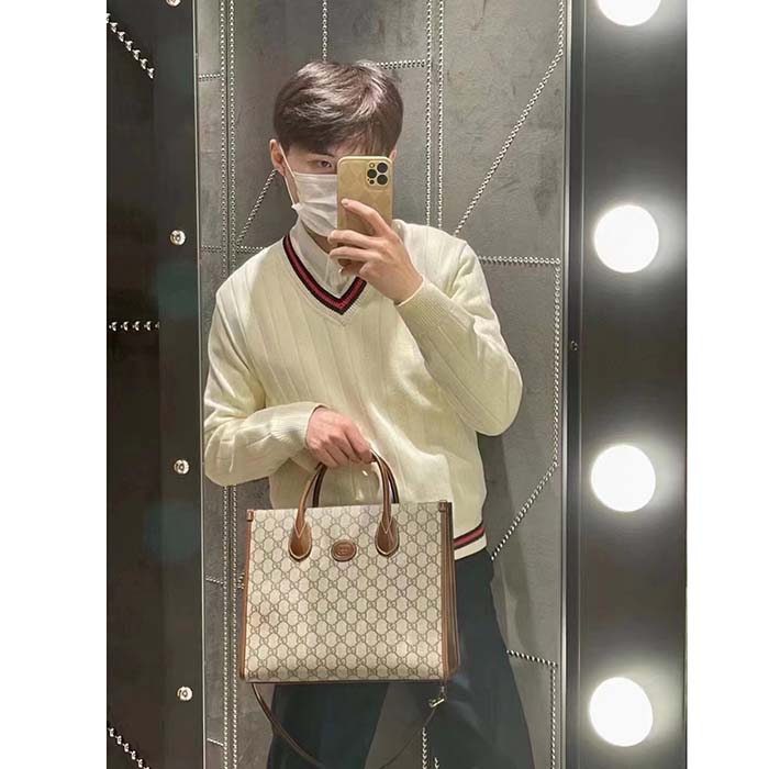 Gucci GG Men Cotton Knit V-Neck Sweater Web Ivory Interlocking G Patch Long Sleeves