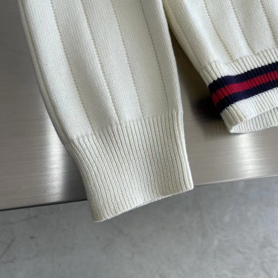 Gucci GG Women Cotton Knit V-Neck Sweater Web Ivory Interlocking G Patch Long Sleeves