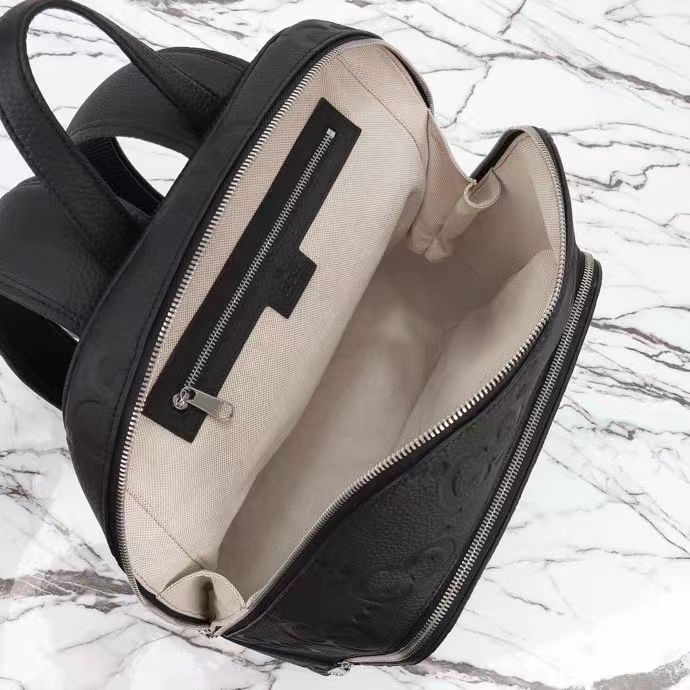 Gucci GG Unisex Large Jumbo GG Backpack Black Leather Cotton Linen Lining Padded Mesh Back